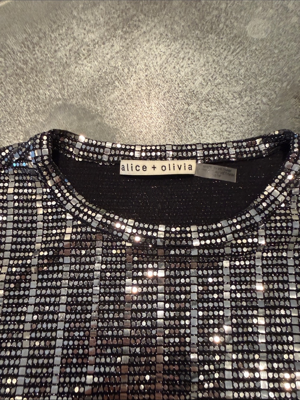 alice + olivia Black Sequin Grid Crew Neck Top